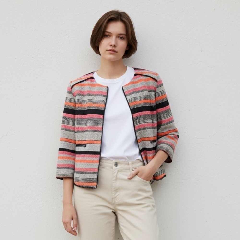 Halogen Petite Women's L Striped Cropped Blazer Jacket Multicolor